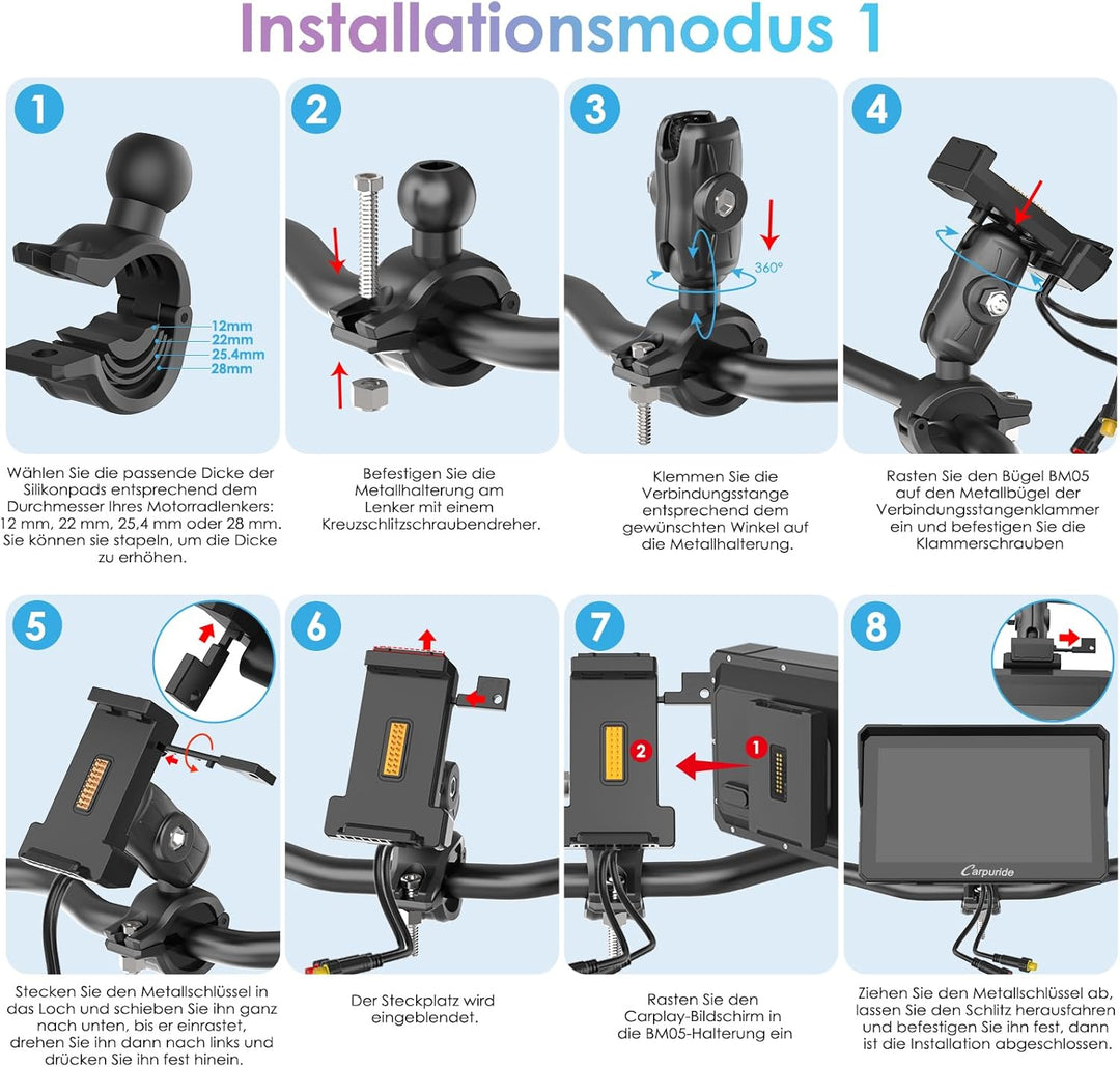 W702S Pro Motorrad Carplay Bildschirm mit BM05 Halterung für Plug-and-Play, Kabellos CarPlay & Andro