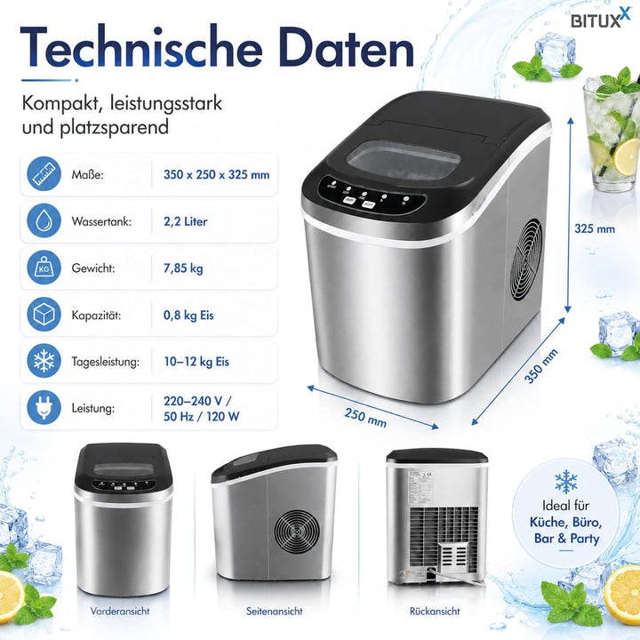 Eiswürfelmaschine Eiswürfelbereiter Eiswürfel Ice Maker EIS Maschine Icemaker (Edel Stahl)