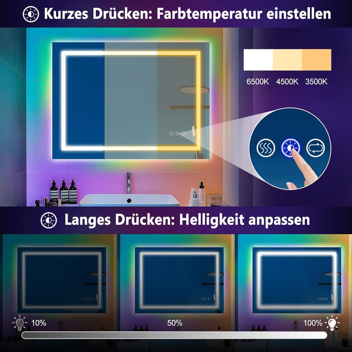 Badspiegel mit Beleuchtung | 3-Farben & RGB-Led Spiegel-Dimmbar | Anti-Beschlag | 50x70 cm | IP65 Wa