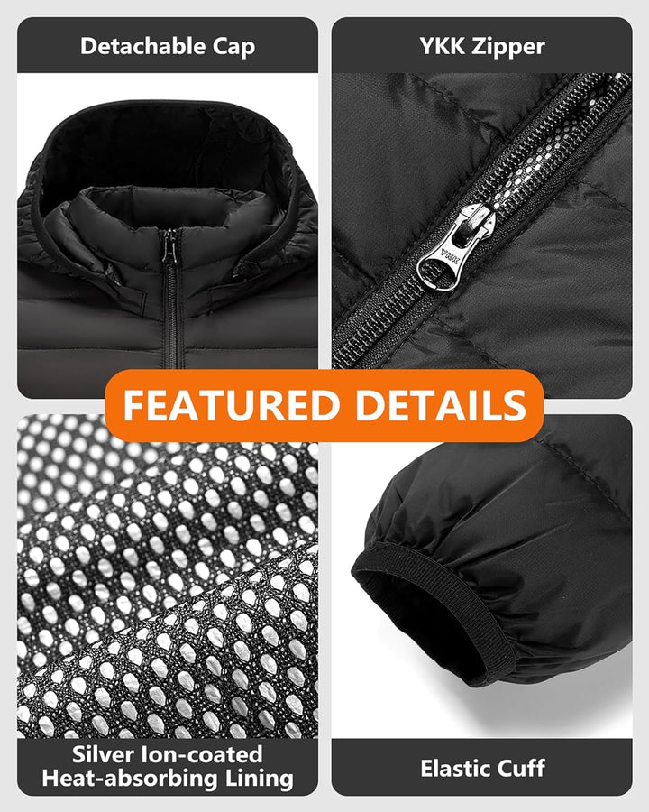 HEWINZE Beheizbare Jacke Herren mit kapuze,Warme Pufferjacke Damen mit akku 7.4V,Doppelschaltersteue