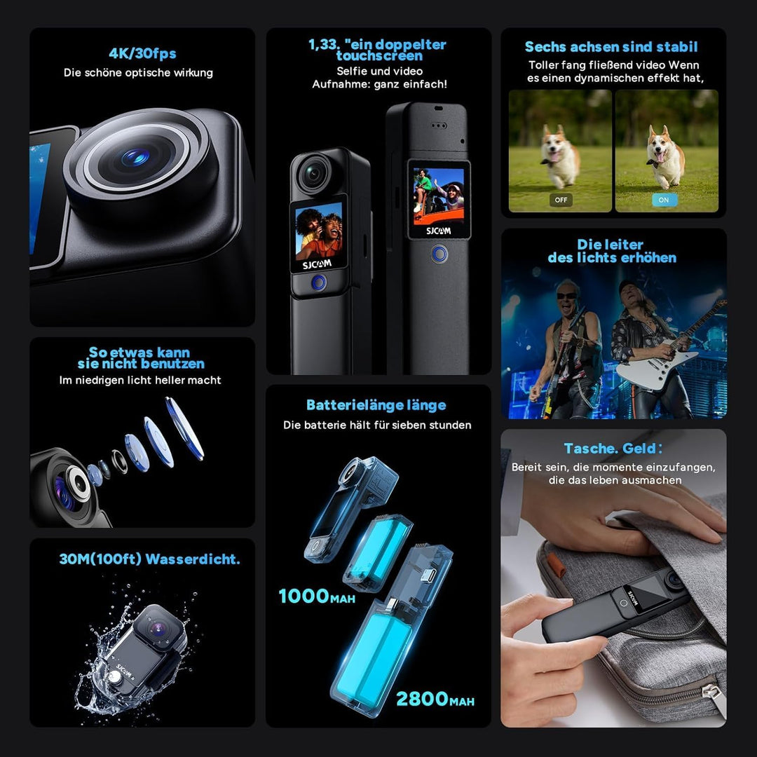 SJCAM C300 Actionkamera 4K, 7 Stunden Akkulaufzeit, 6-Achsen-Stabilisierung, Dual-Touchscreen-Sportk