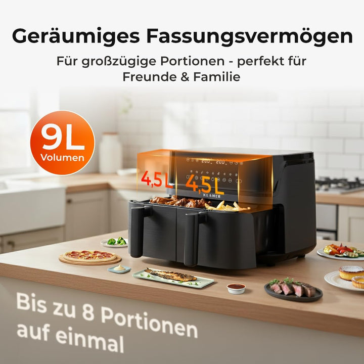 KLAMER Heissluftfritteuse Duo 9 L – Doppelkammer Airfryer mit 2 Körben & Digitaldisplay, 10 Automati