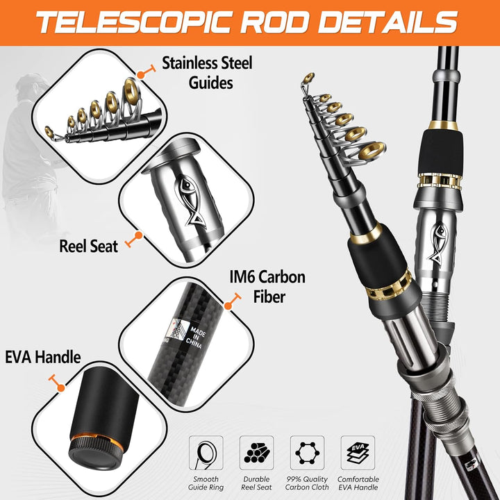 PLUSINNO Teleskop Rute und Rolle Combos Full Kit, Spinning Fishing Gear Organizer Pole-Sets mit Line