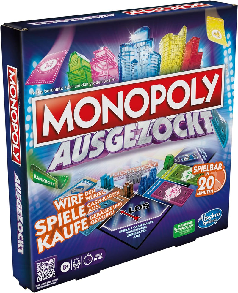 Monopoly Ausgezockt Brettspiel, schnelles Monopoly Familien-Spiel für 2–4 Spieler, Spieldauer ca. 20