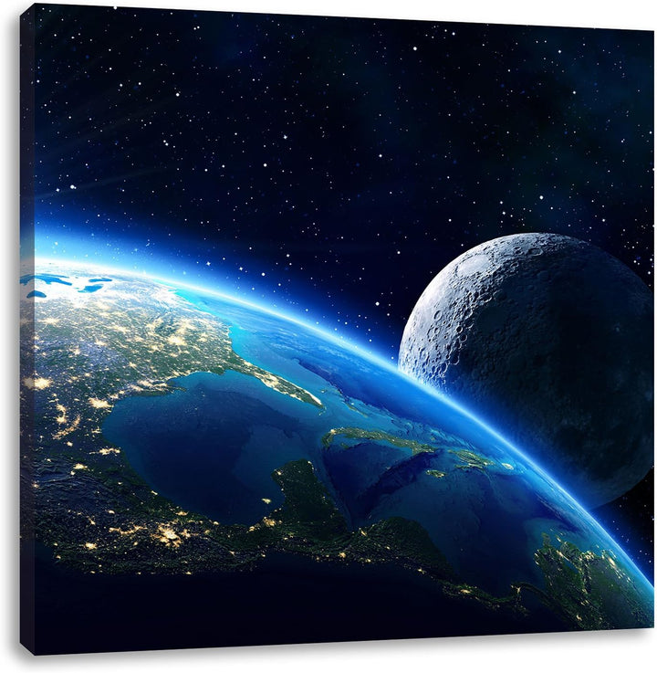 Pixxprint Erde und Ihr Mond aus dem All als Leinwandbild/Grösse: 70x70 cm/Wandbild/Kunstdruck/fertig