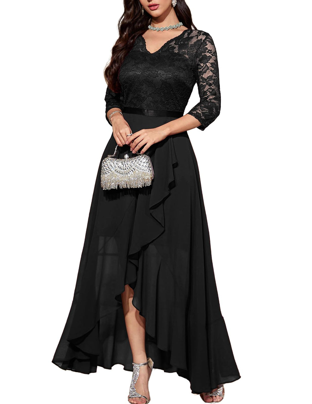 Bbonlinedress Abendkleider elegant für Hochzeit Spitzenkleid Chiffon Hi-Lo Kleid Brautjunferkleid Pa