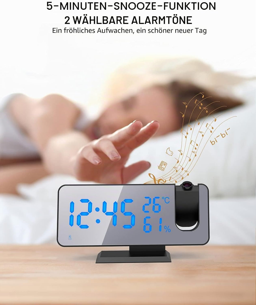 ShinePick Projektionswecker, Digital Wecker mit Projektion, Radiowecker mit USB-Anschluss Snooze Dua