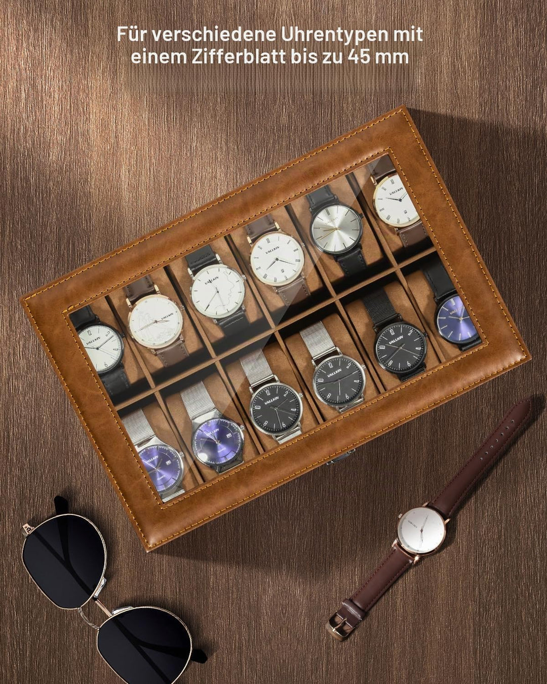 Uten Uhrenbox mit 12 Fächern, Uhrenbox mit Glasabdeckung, Uhrendisplay Aufbewahrungsbox für Damen un