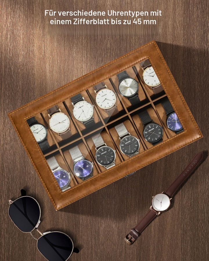Uten Uhrenbox mit 12 Fächern, Uhrenbox mit Glasabdeckung, Uhrendisplay Aufbewahrungsbox für Damen un