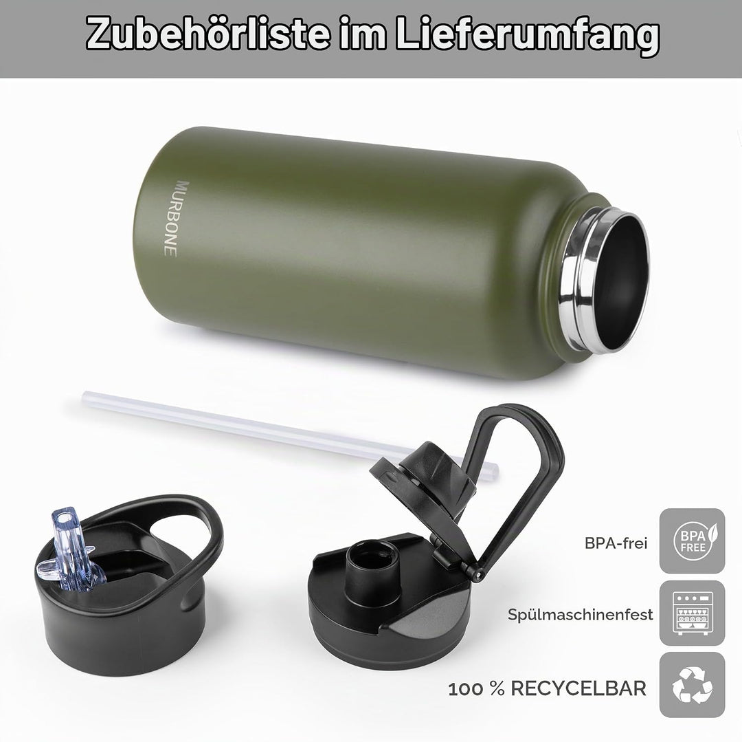 Edelstahl Trinkflasche 1L, (+2 Deckel)-mit Strohhalm,BPA frei,Thermosflasche Auslaufsicher,Kohlensäu