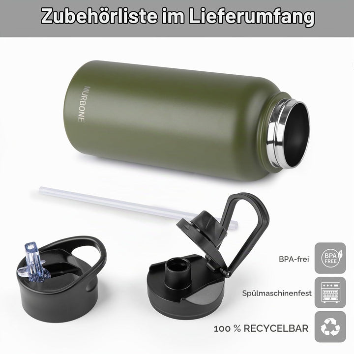 Edelstahl Trinkflasche 1L, (+2 Deckel)-mit Strohhalm,BPA frei,Thermosflasche Auslaufsicher,Kohlensäu