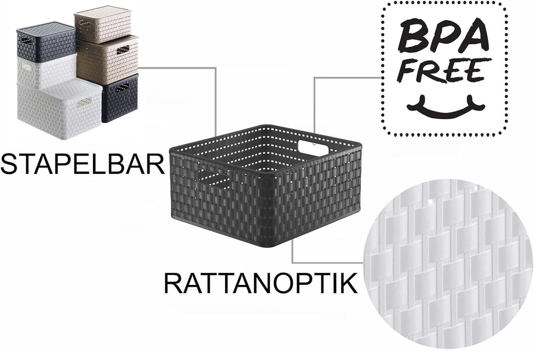 Rotho Country 3er-Set Aufbewahrungsbox Rattan-Optik, Kunststoff (PP) BPA-frei, anthrazit, 14l, (32,8