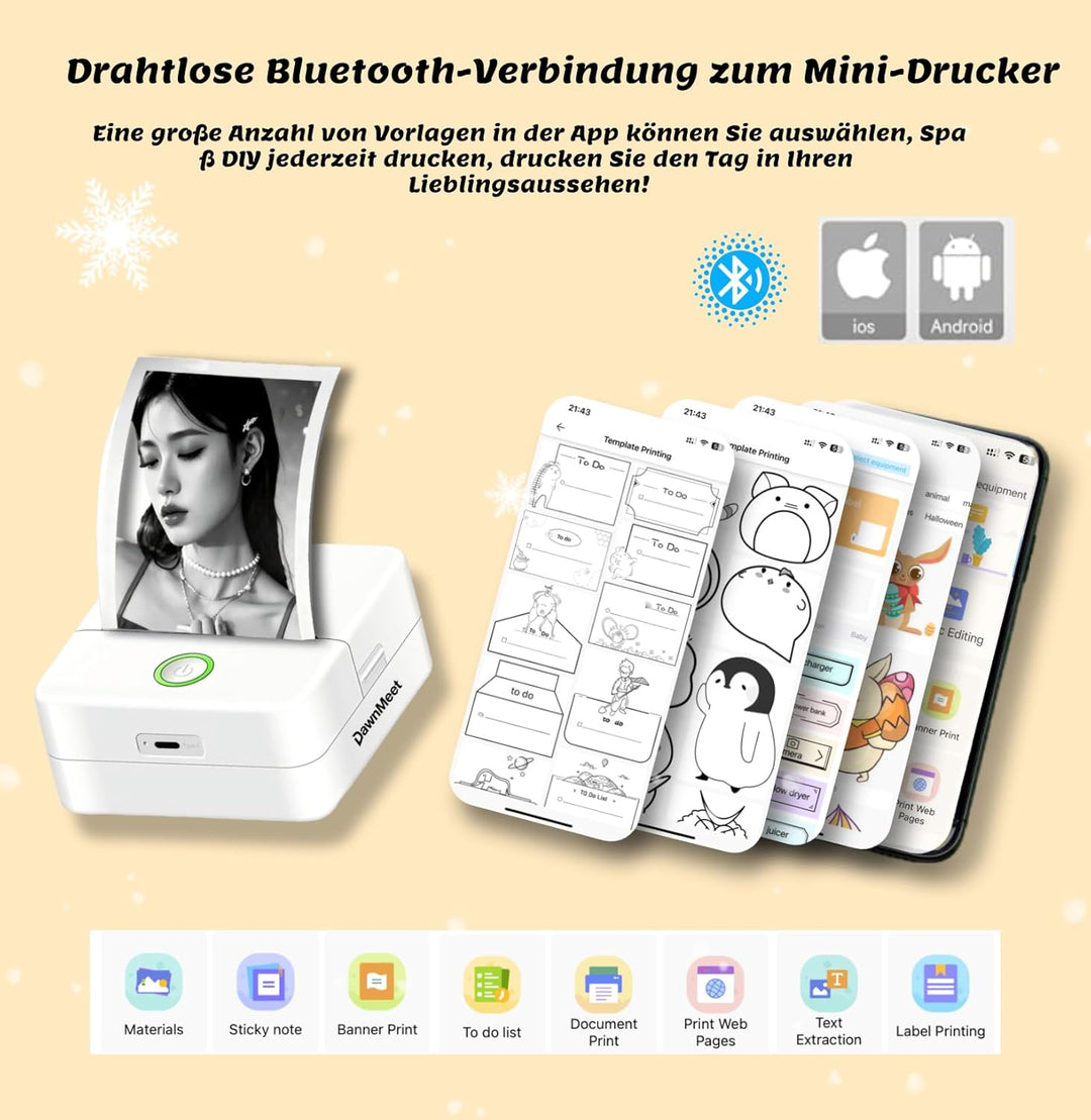 Mini Drucker für Smartphone X6, Bluetooth Thermodrucker Handy Drucker Etikettendrucker Fotodrucker 1