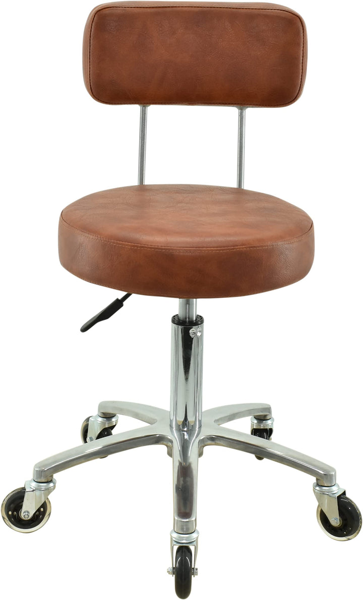 Premium Rollhocker mit Lehne in Hellbraun - Höhenverstellbar von 50 bis 65 cm - Rundsitz - Drehhocke
