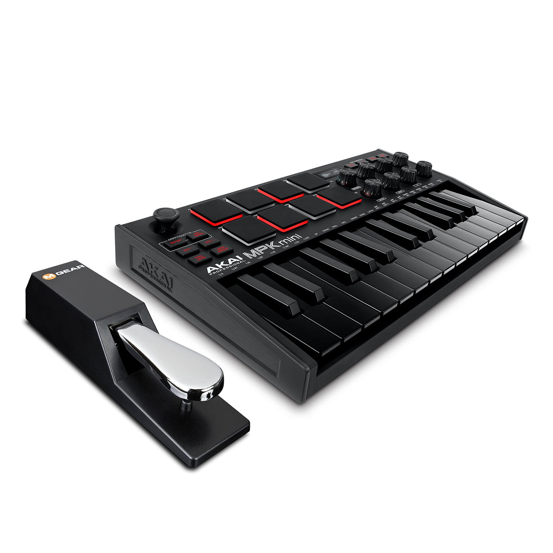 AKAI Professional Midi Controller + Sustain Pedal Bundle - MPK Mini MK3 Black USB-MIDI-Keyboard Cont