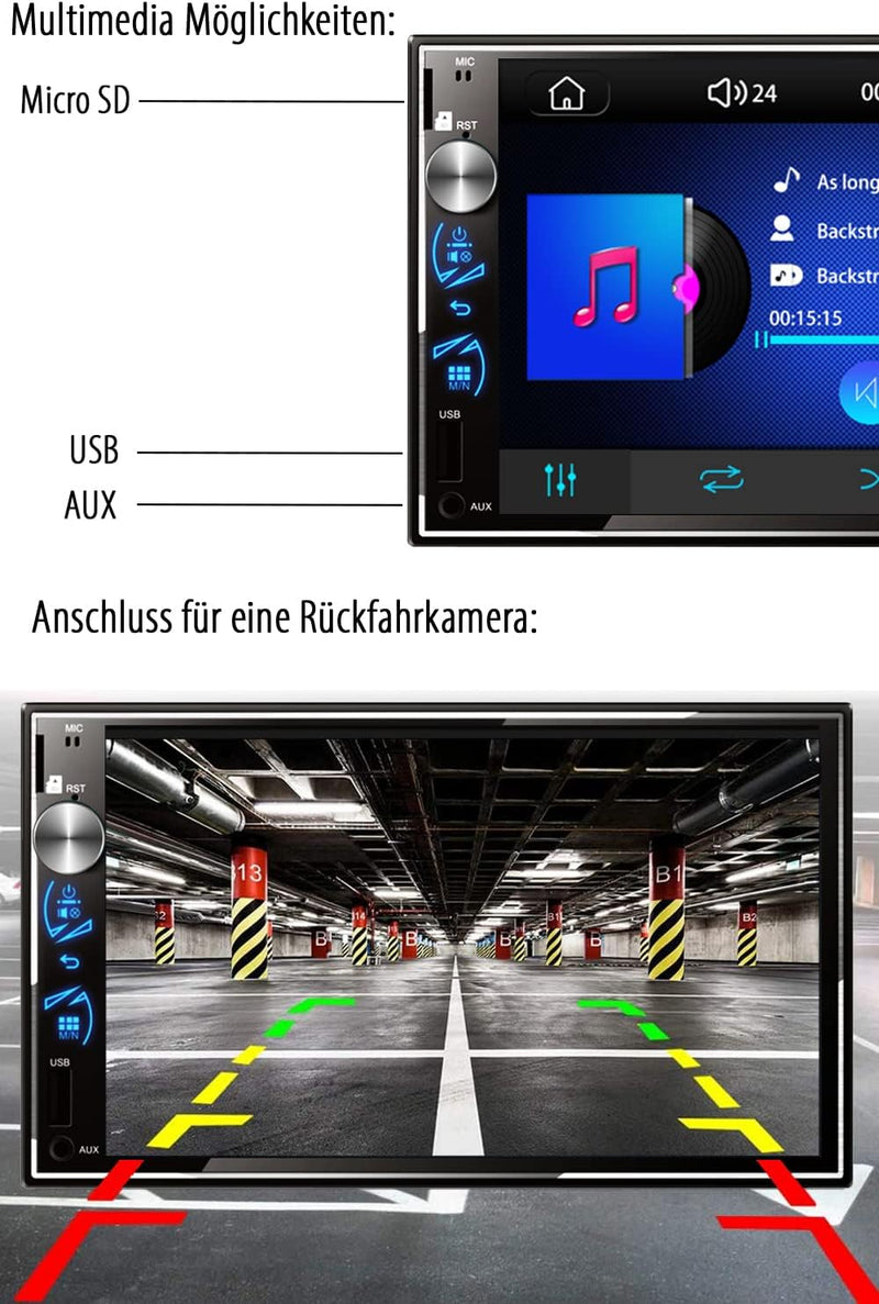Tristan Auron Doppel Din Autoradio mit Mirrorlink für Carplay und Android - 7 Zoll Touchscreen - Rüc