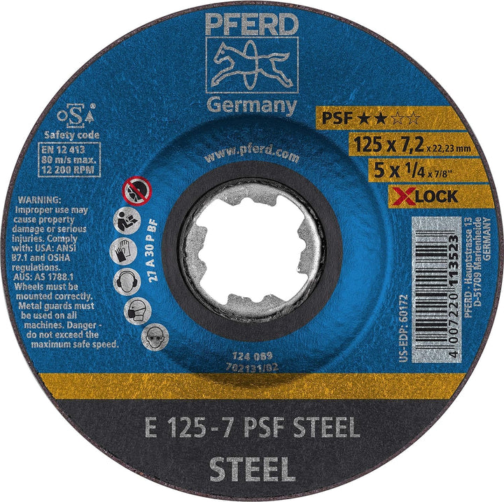 10x Schruppscheibe X-LOCK PSF STEEL D125xS7,2mm gekr.STA Bohr.22,23mm PFERD X-LOCK 125 x 7,2 mm, X-L