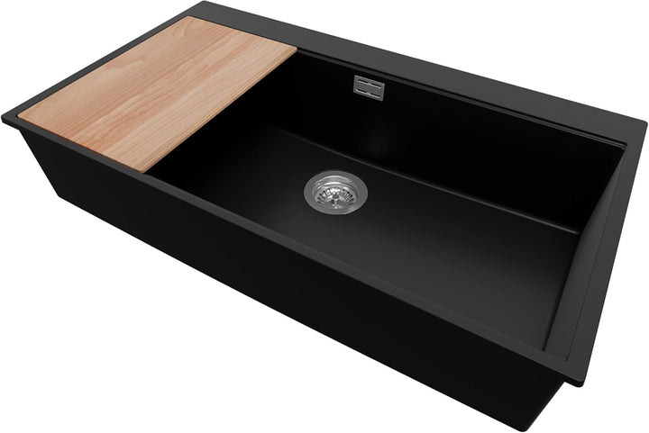 Spülbecken Schwarz 88x50cm, Granitspüle 1 Becken + Ablauf-Set + Schneidebrett, Küchenspüle ab 90er U