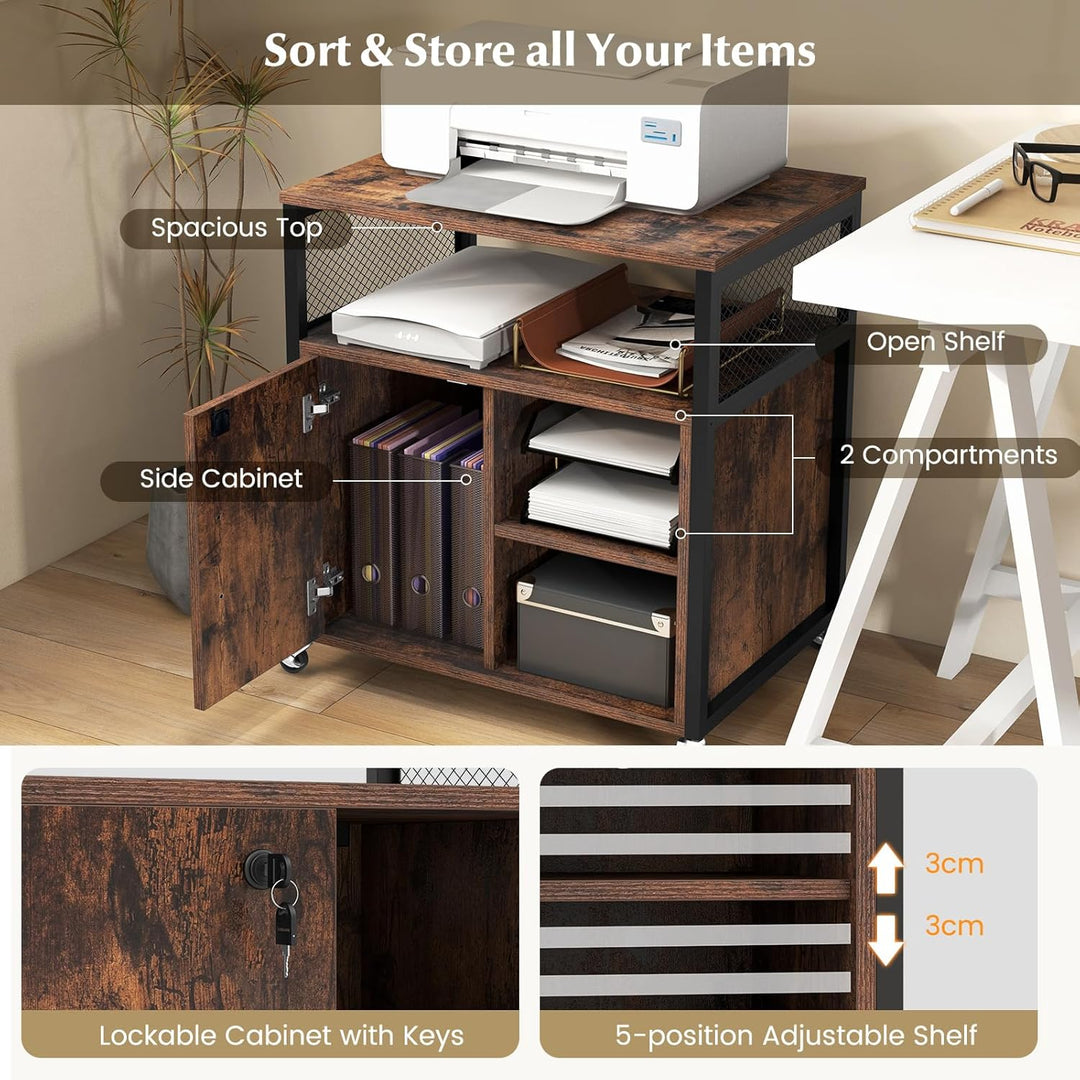 KOMFOTTEU Rollcontainer mit Ladestation, mobiler Aktenschrank mit Schloss & verstellbarem Ablagen, B