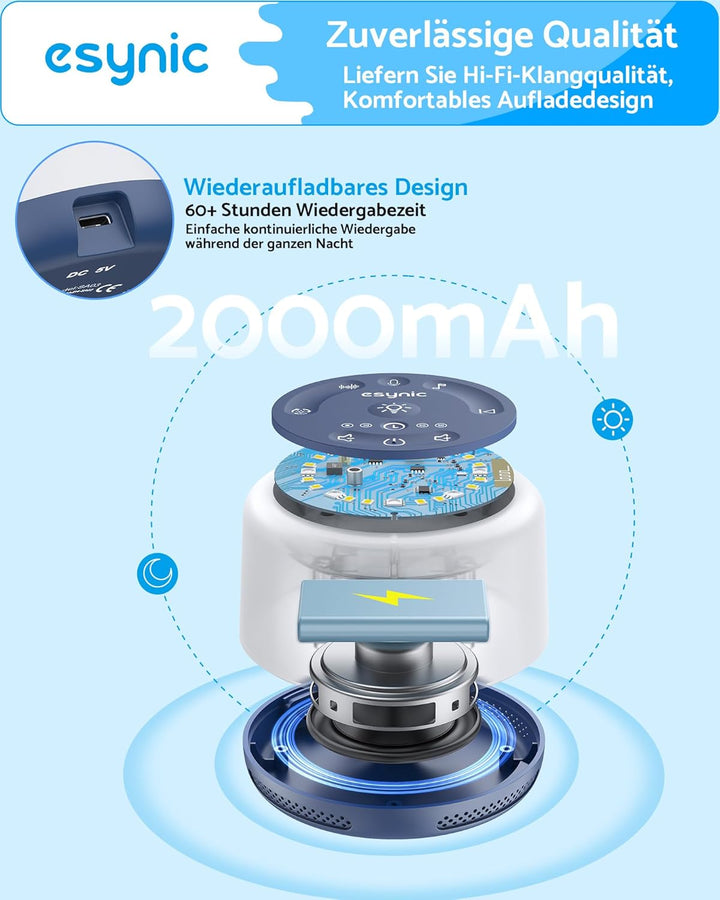 eSynic White Noise Machine Baby Weisses Rauschen Einschlafhilfe LED Stilllicht mit 30 Klänge & 7 Far