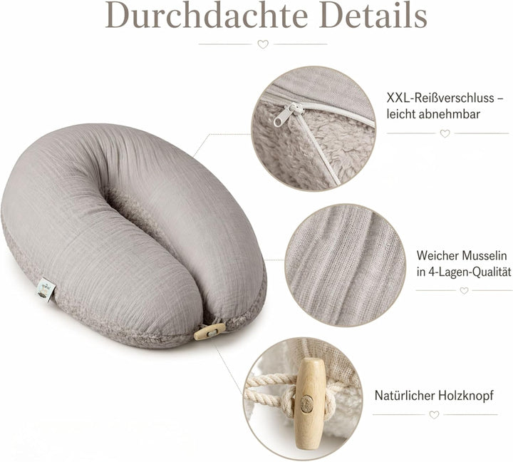 sei Design Stillkissenbezug 4-lagiger Musselin Teddyplüsch XXL 190 x 35 cm Grau – GOTS Bio-Baumwolle