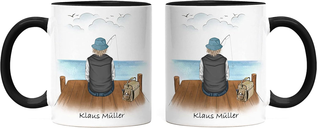 Angler Tasse Schwarz Personalisiert Individuell mit Name Angeln Fischen Geschenk Opa Vater zum Vater