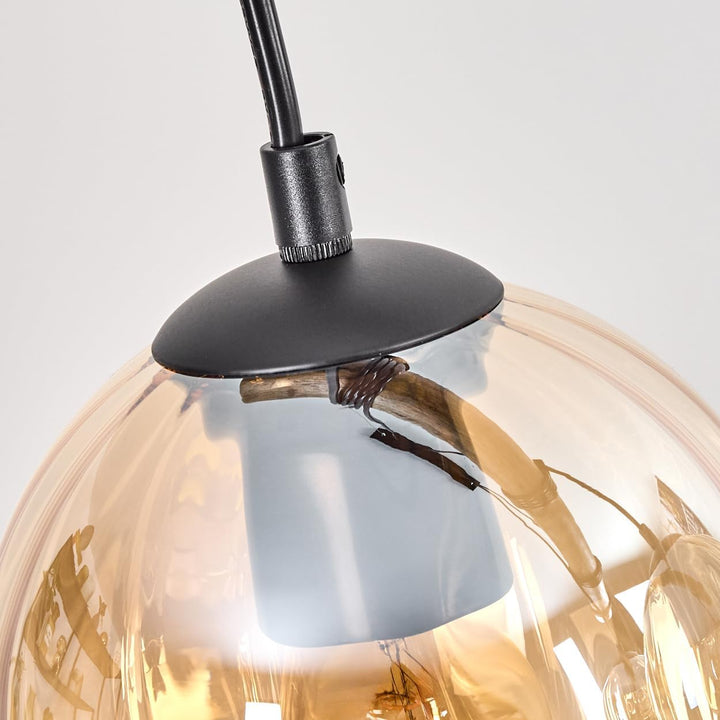 HOFSTEIN Pendelleuchte Koyoto, Hängelampe aus Metall/Holz/Riffelglas in Schwarz/Natur/Bernstein, Hän