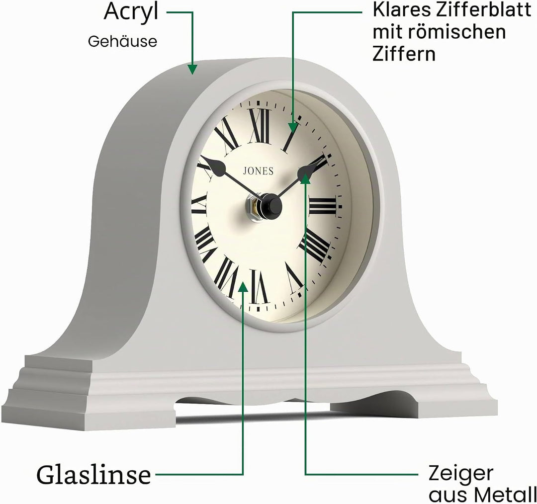 JONES CLOCKS® Speakeasy Kleine Kaminsimsuhr | Klassisches napoleonshut-Design | Grau | Römische Zahl