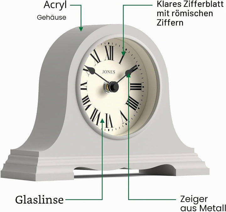 JONES CLOCKS® Speakeasy Kleine Kaminsimsuhr | Klassisches napoleonshut-Design | Grau | Römische Zahl