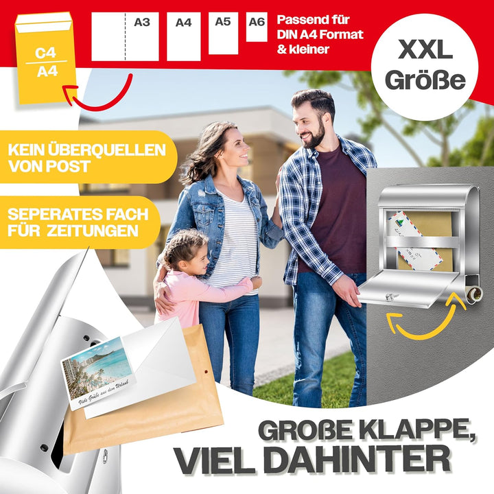 KESSER® XXL Briefkasten Edelstahl mit Zeitungsfach, gebürstet, 3X Schlüssel abschliessbar, Pulverbes