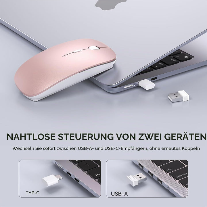 RaceGT Maus Kabellos USB-C &amp; USB-A, Mouse Aufladbar 2,4GHz Leise klick Beidhändig 3 Adjustable DPI L