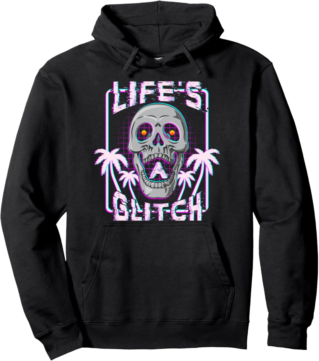 Life's A Glitch Skull & Palm Tree Synthwave Retro Streetwear Pullover Hoodie