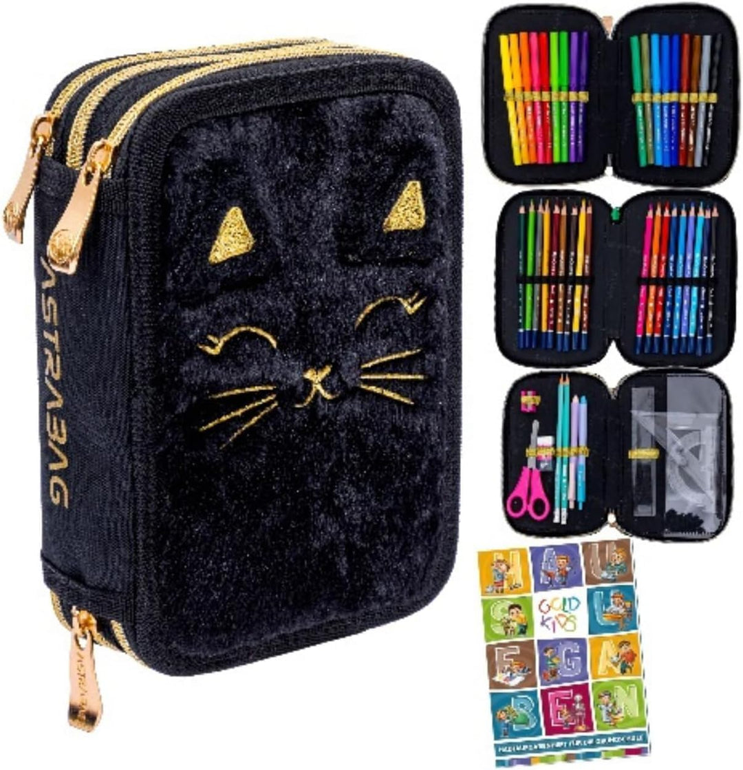 ASTRABAG 3-Fach Mäppchen Federmappe Gefüllt Jumbo Fluffy Kitty Black mit Plüsch und Ohren