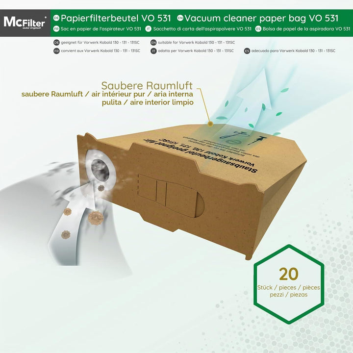 McFilter | 20 Staubsaugerbeutel geeignet für Staubsauger Vorwerk Kobold 130, 131 und SC-Modelle, ext