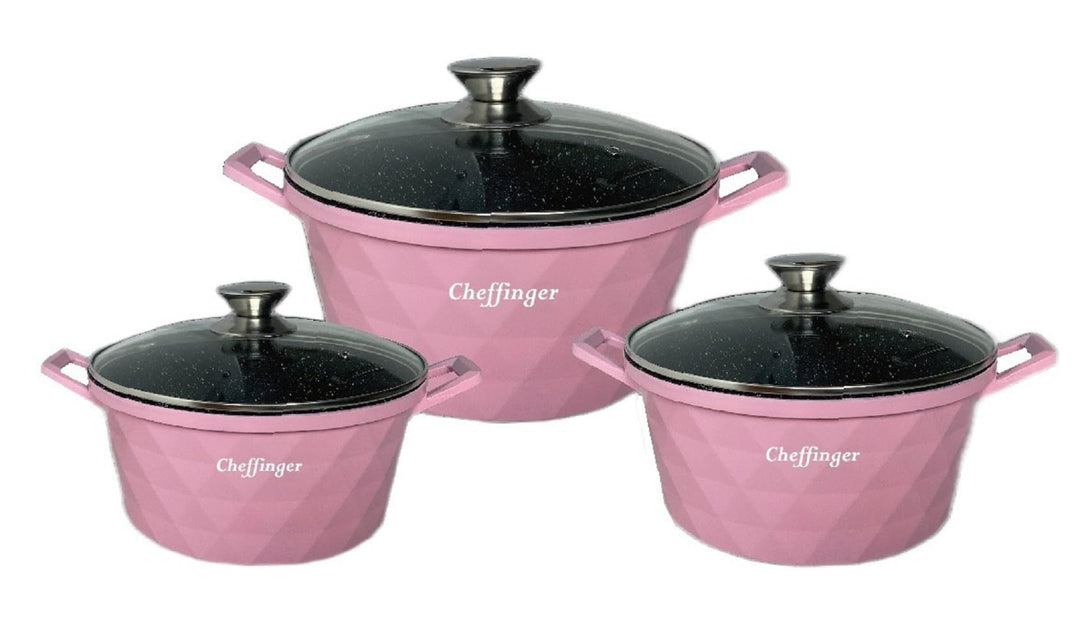 Diamant Kochgeschirr 6 teilig Topf Induktion Alu Guss Kochtopfset Marmor Pink