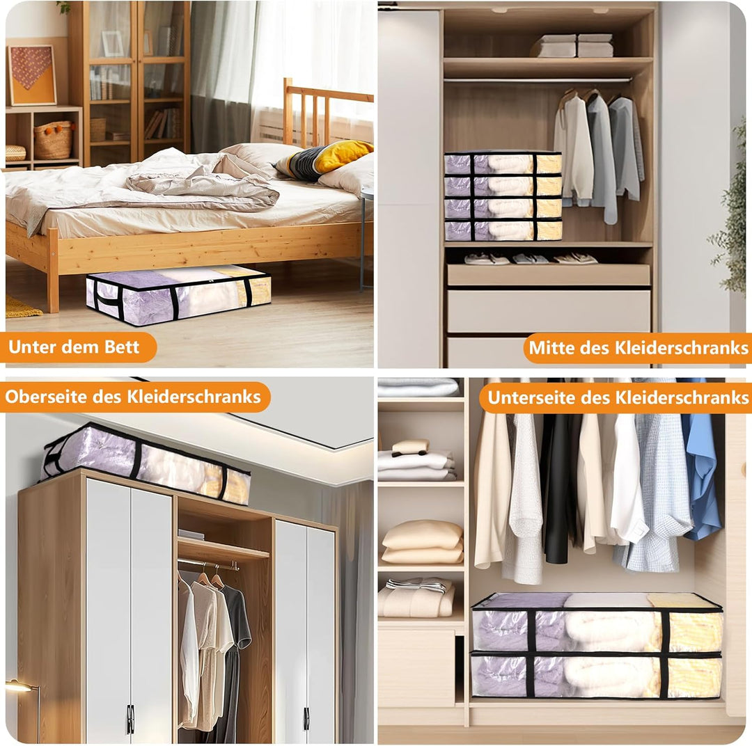 4 Stück 90L Unterbett Aufbewahrungsbox mit Deckel Gross, Transparente Unterbettkommode Faltbare Aufb
