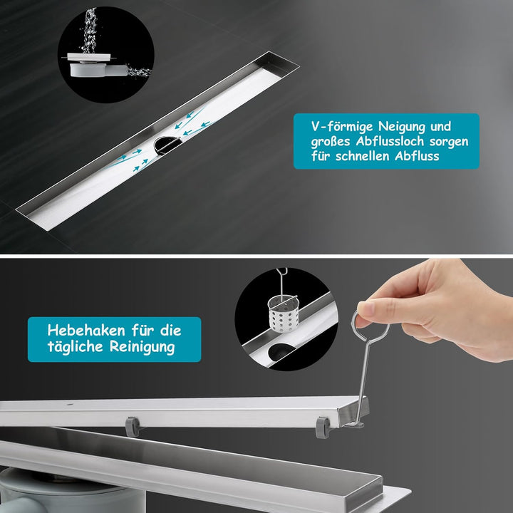 100 * 7cm Duschrinne 304 Edelstahl, Bodenablauf mit 360° Siphon Geruchsstop, 2 in1 Befliesbar Ablauf