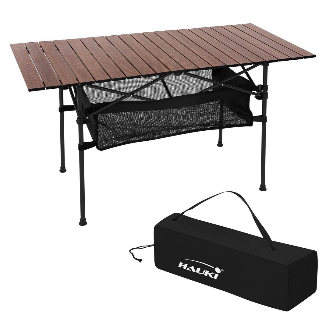 Hauki Campingtisch faltbar Braun, 118 x 55 x 64,5 cm, Aluminium Klapptisch, Aufrollbare Tischplatte,