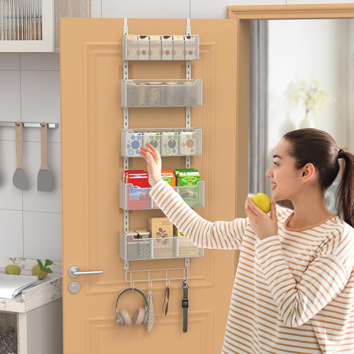 Tür-Organizer, 5-stöckig, 4 verstellbare Körbe und 8 Haken, freistehender Hänge-Organizer für die Tü