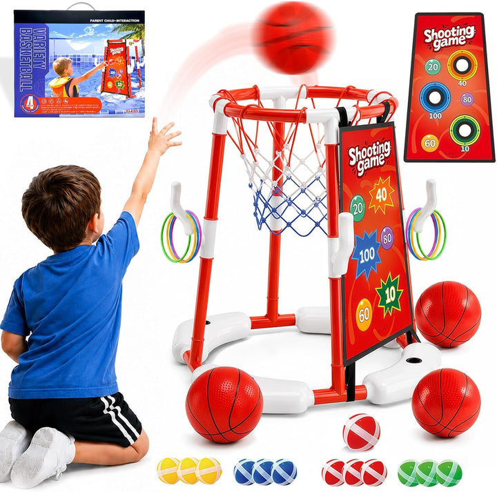 3-In-1 Pool Basketballkorb Outdoor, Schwimmender Basketballkorb, Pool Spielzeug Mit 4 Basketbälle,12