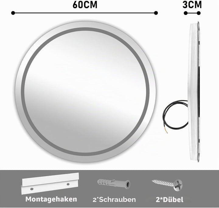 60cm Rund Bluetooth Spiegel Badezimmerspiegel mit Beleuchtung | Spiegel mit Beleuchtung, Wandspiegel
