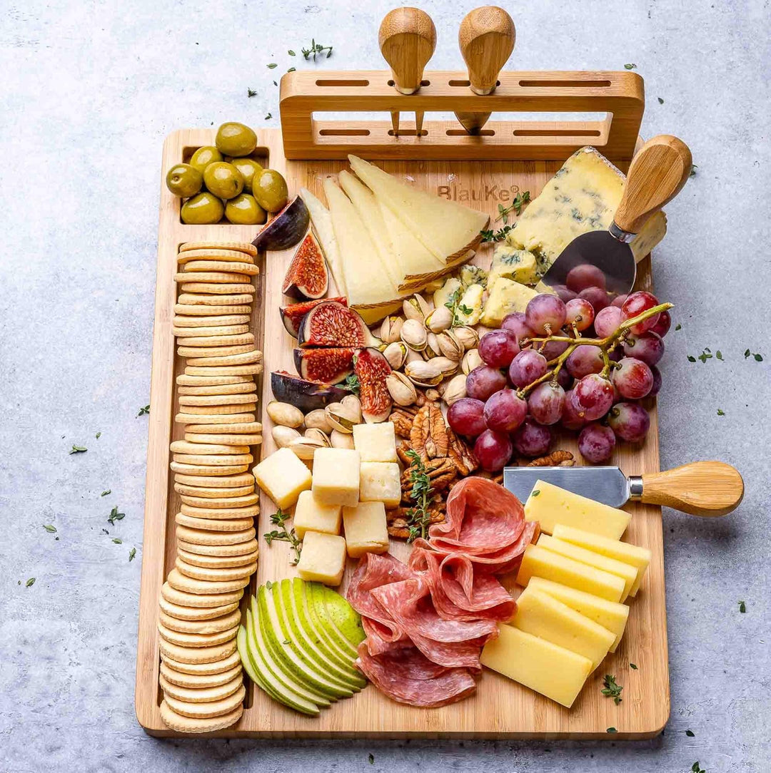 Bambus Käsebrett mit Käsemesser Set 35x28cm – Servierplatte aus Holz für Käse & Häppchen – Servierbr