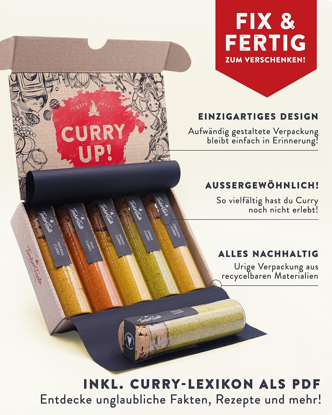 Timber Taste Indische Gewürze Geschenkset I 5x Curry Gewürzmischung ink. Geschmacksratgeber (PDF) I