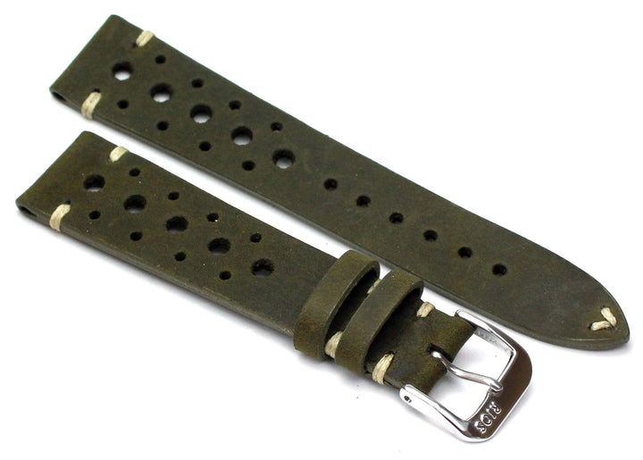 RIOS1931 18mm Rallye Vintage Rindsleder Uhrenarmband handgemacht in Deutschland Moosgrün
