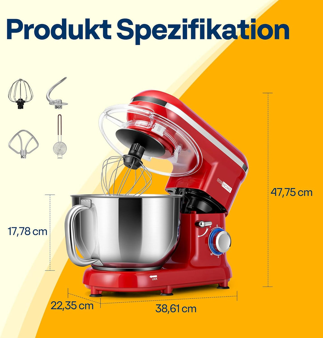 VIVOHOME Küchenmaschine 5,7L Knetmaschine 1500W Küchenmaschinen mit 10 Geschwindigkeiten Pulsfunktio
