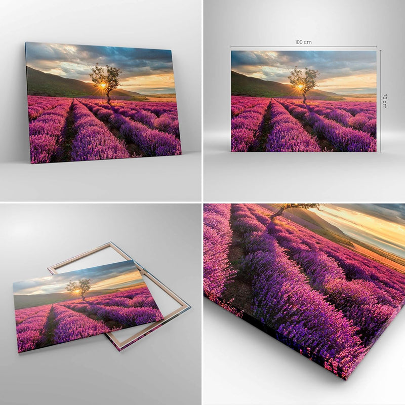 Bilder auf Leinwand 100x70cm Leinwandbild mit Rahmen Lavendel Berge Feld Gross Wanddeko Bild Schlafz