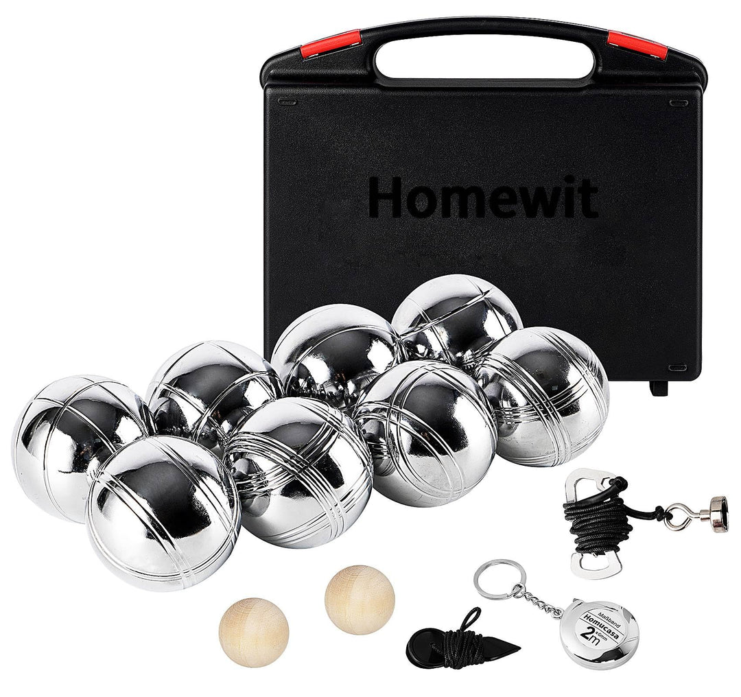 Homewit Boccia Kugeln, Professionelles Petanque, Metall Boule Set mit Holz-Kugeln, Abstandsmesser, M