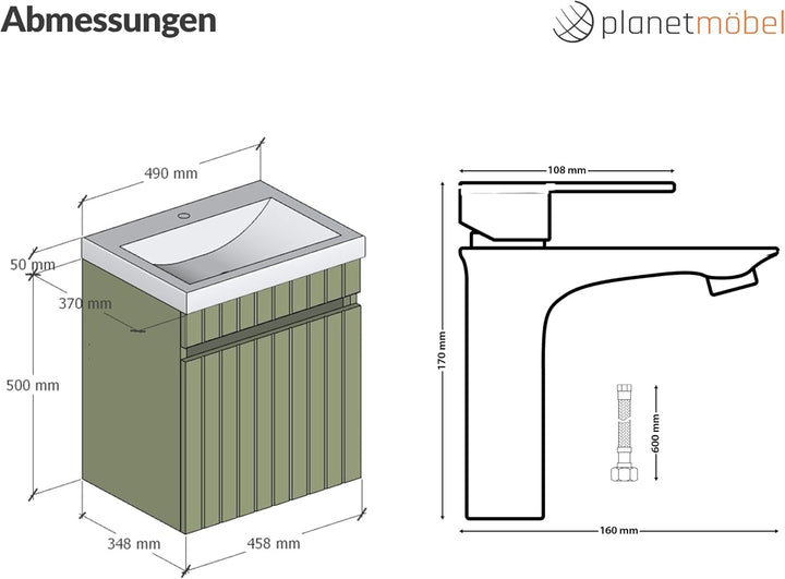 Planetmöbel Cosmia Badmöbel Set Waschbecken mit Unterschrank 50 x 60 x 35 cm Mint Grün, Armatur Bade
