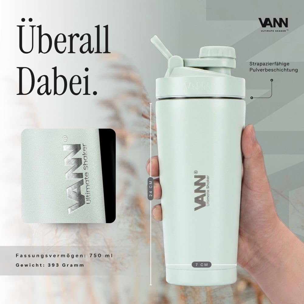 VANN Shaker Proteinshake 750ML - Thermo Shaker Edelstahl [12h kalt], Ideal als Schüttelbecher [Gym,