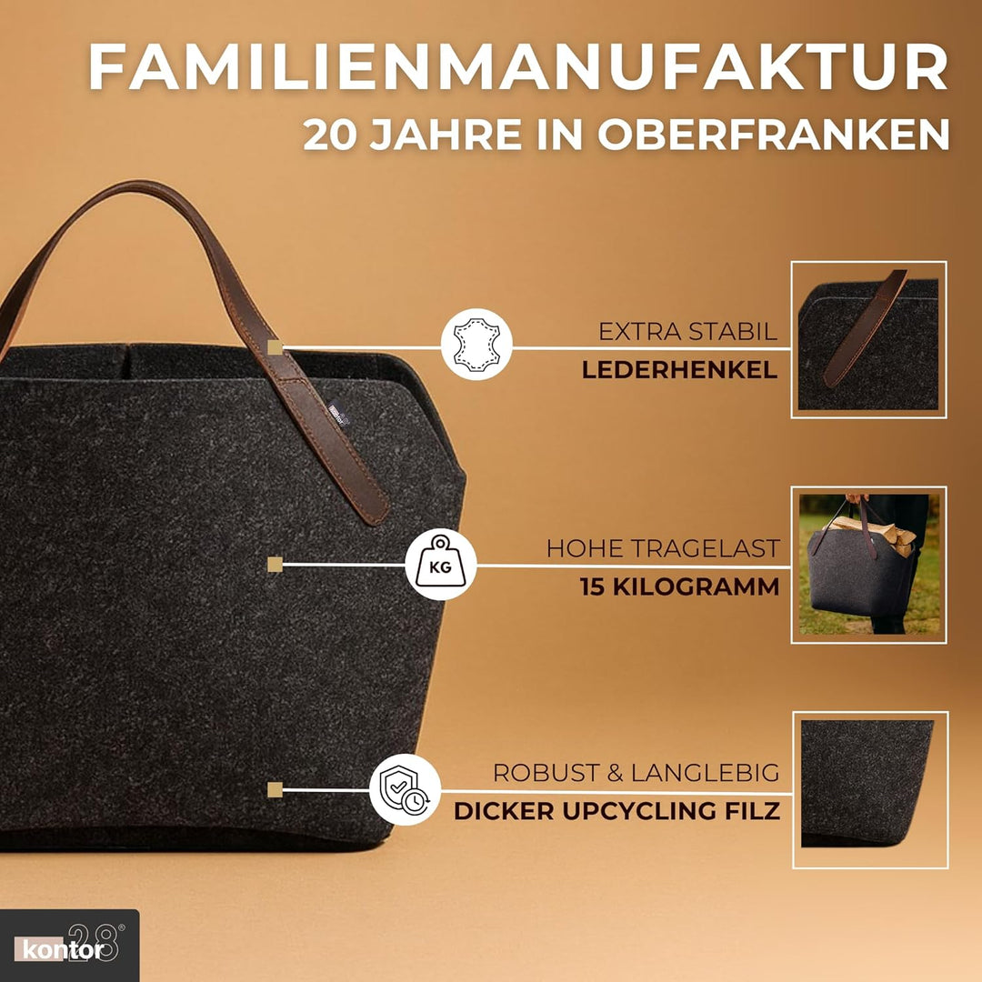 kontor28® - Kaminholzkorb aus Premium Filz 100% MADE IN GERMANY | Brennholzkorb Füllvolumen 65 L mit